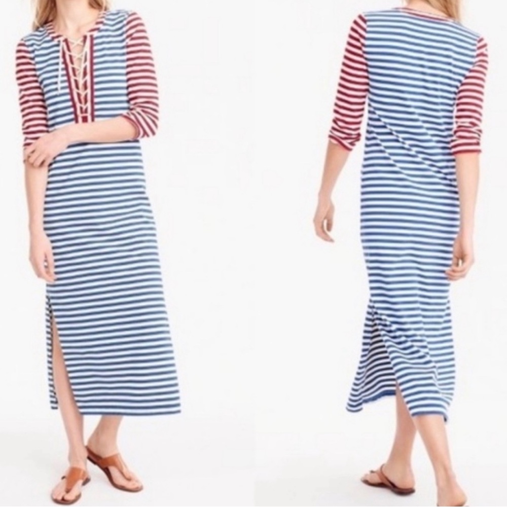 J. Crew Striped Nautical Maxi Dress Red & Blue Lace Up V Neck